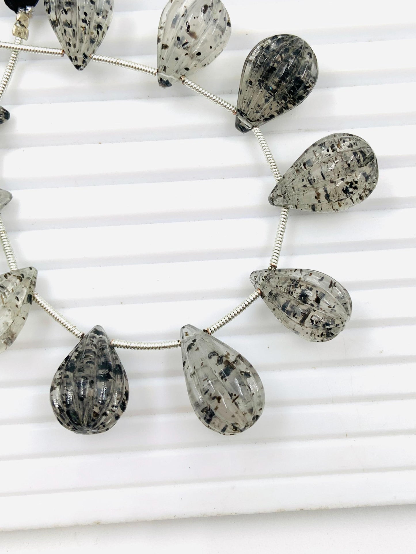 10 Pieces Natural Black Dot Quartz Carved Drops Briolette Beads Size 16x10mm black Dot Quartz Faceted Gemstone Tear drops for Jewelry making