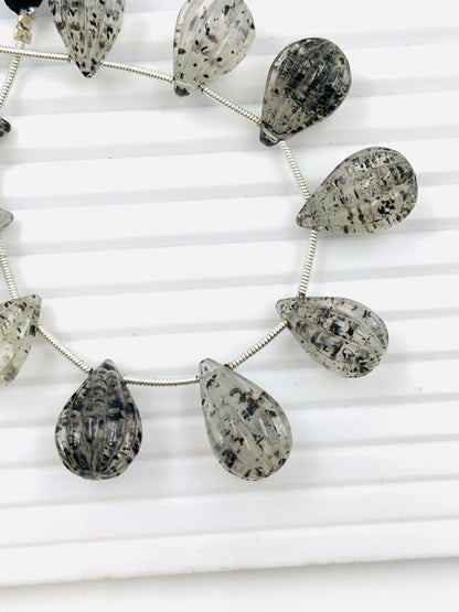 10 Pieces Natural Black Dot Quartz Carved Drops Briolette Beads Size 16x10mm black Dot Quartz Faceted Gemstone Tear drops for Jewelry making