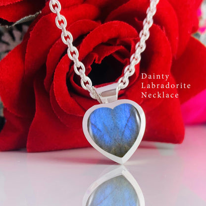 Dainty Labradorite Heart 925 Sterling Silver Necklace
