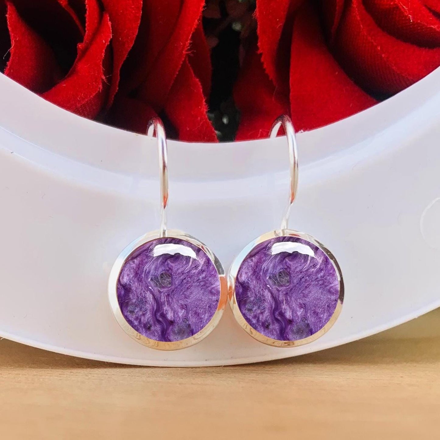 Natural Charoite Silver Earrings ~ Charoite Stone of Attraction ~ Round purple Stone ~ Gift For Mom ~ Birthday Gift ~  E-0013