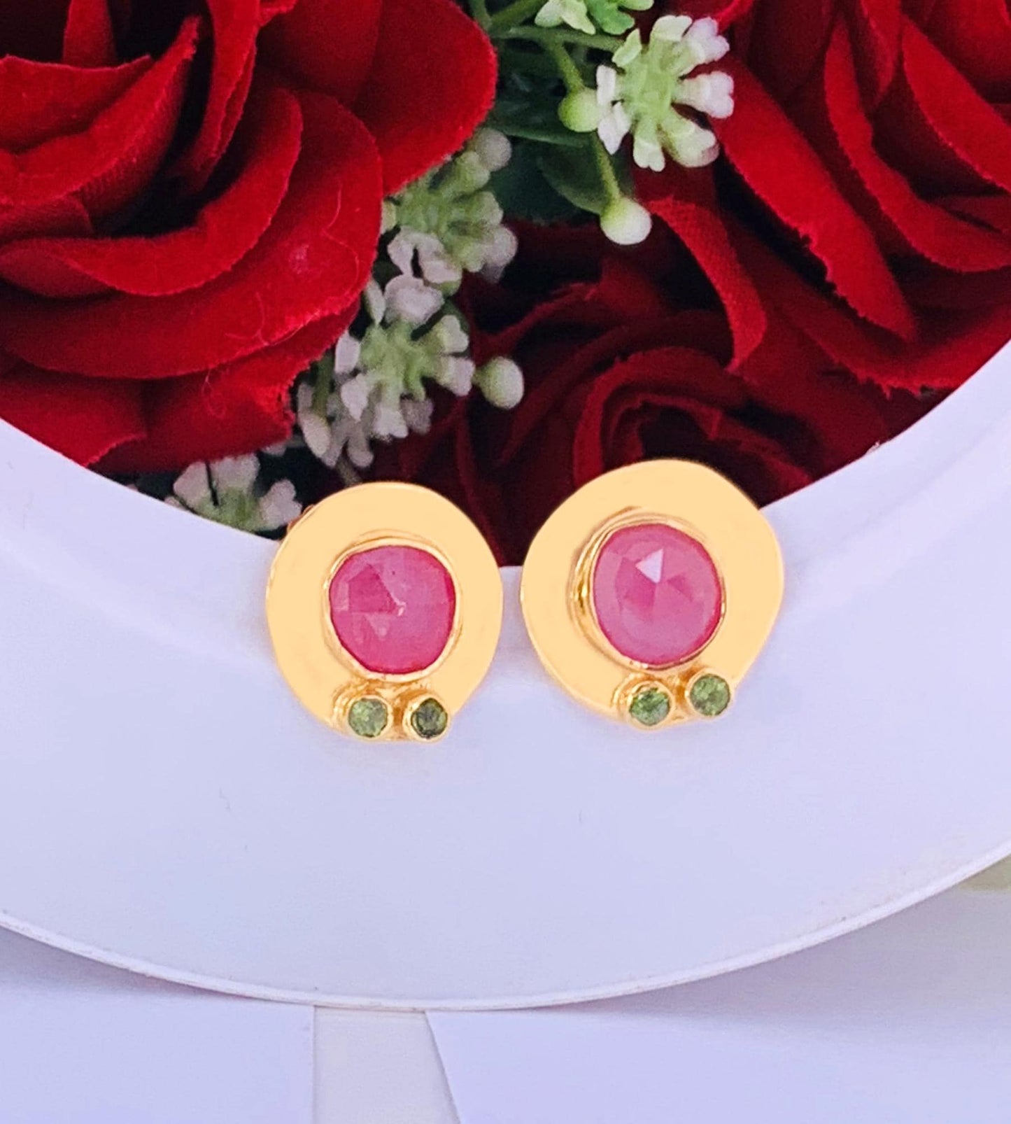 Rosecut Ruby Stud Earrings ~ Vermeil Gold and Silver Earrings ~ Ruby and Green Tourmaline ~ Dainty Stud Earrings ~ Handmade Jewelry ~ E-0048