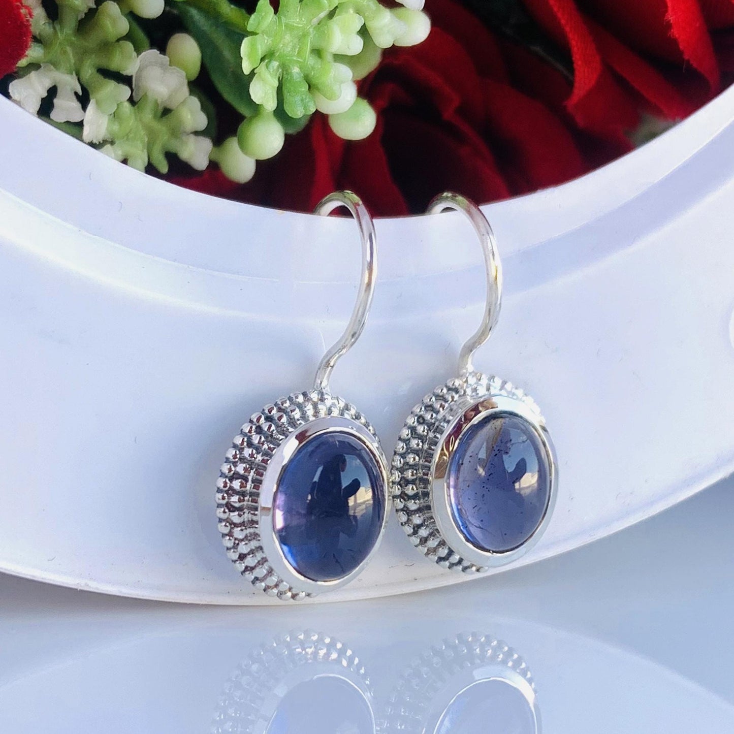 Natural Iolite Earrings ~ Boho Silver Earrings ~ Oval Shape Blue Stone ~ Cold Tone Earrings ~ Available in 18k Gold Finish ~ E-0024