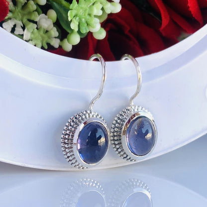 Natural Iolite Earrings ~ Boho Silver Earrings ~ Oval Shape Blue Stone ~ Cold Tone Earrings ~ Available in 18k Gold Finish ~ E-0024