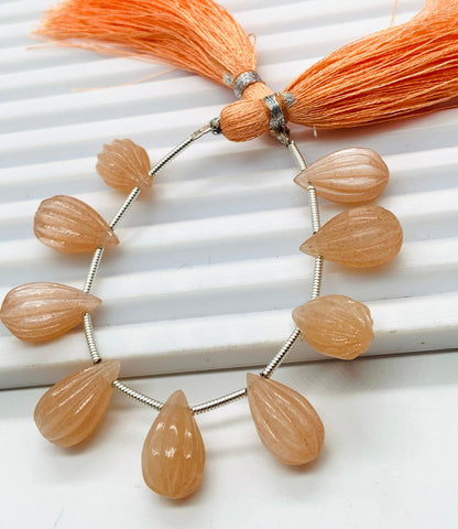 10 Pieces Natural Peach moonstone Carved Drops Briolette Beads 14x8mm to 13x8mm Natural Peach moonstone Faceted Gemstone Tear drops jewelry