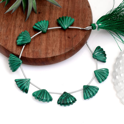 Natural Malachite Slot Carved Fan Shape Briolette Beads – 10pcs, Side Drill