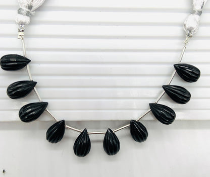 Natural  Black Onyx Teardrop Beads 14x8mm – 10pcs Carved Faceted Drops Briolette