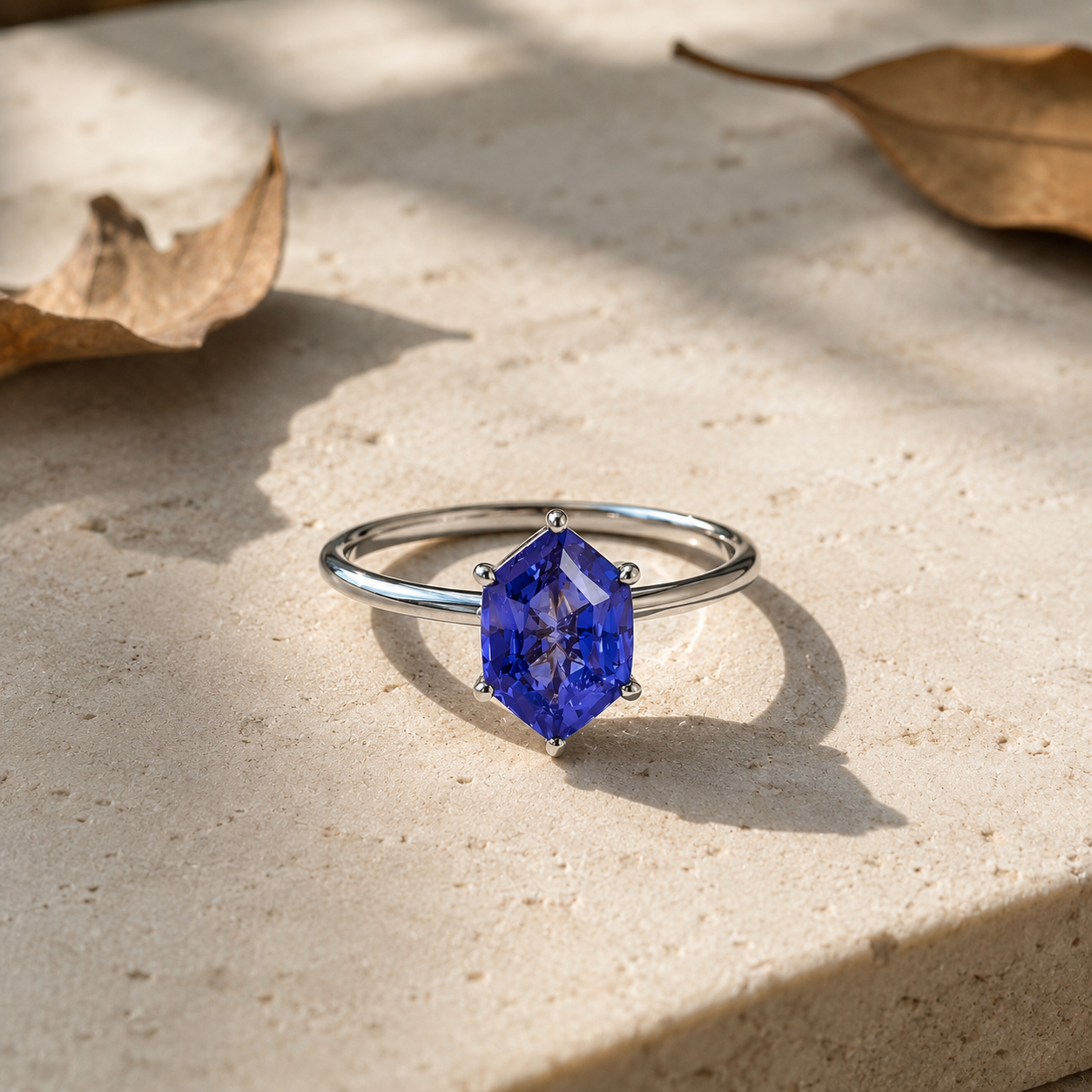 Lab Grown Tanzanite Engagement Ring in 14K Gold, Elongated Hexagon Solitaire