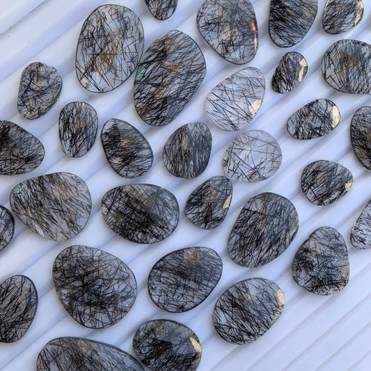 10 Pieces Natural Black Rutile Rose Cut Slices Cabochon Faceted Rose Cut Flat Back Cabochons, Rose Cut Loose Gemstone, Black Rutile Slices