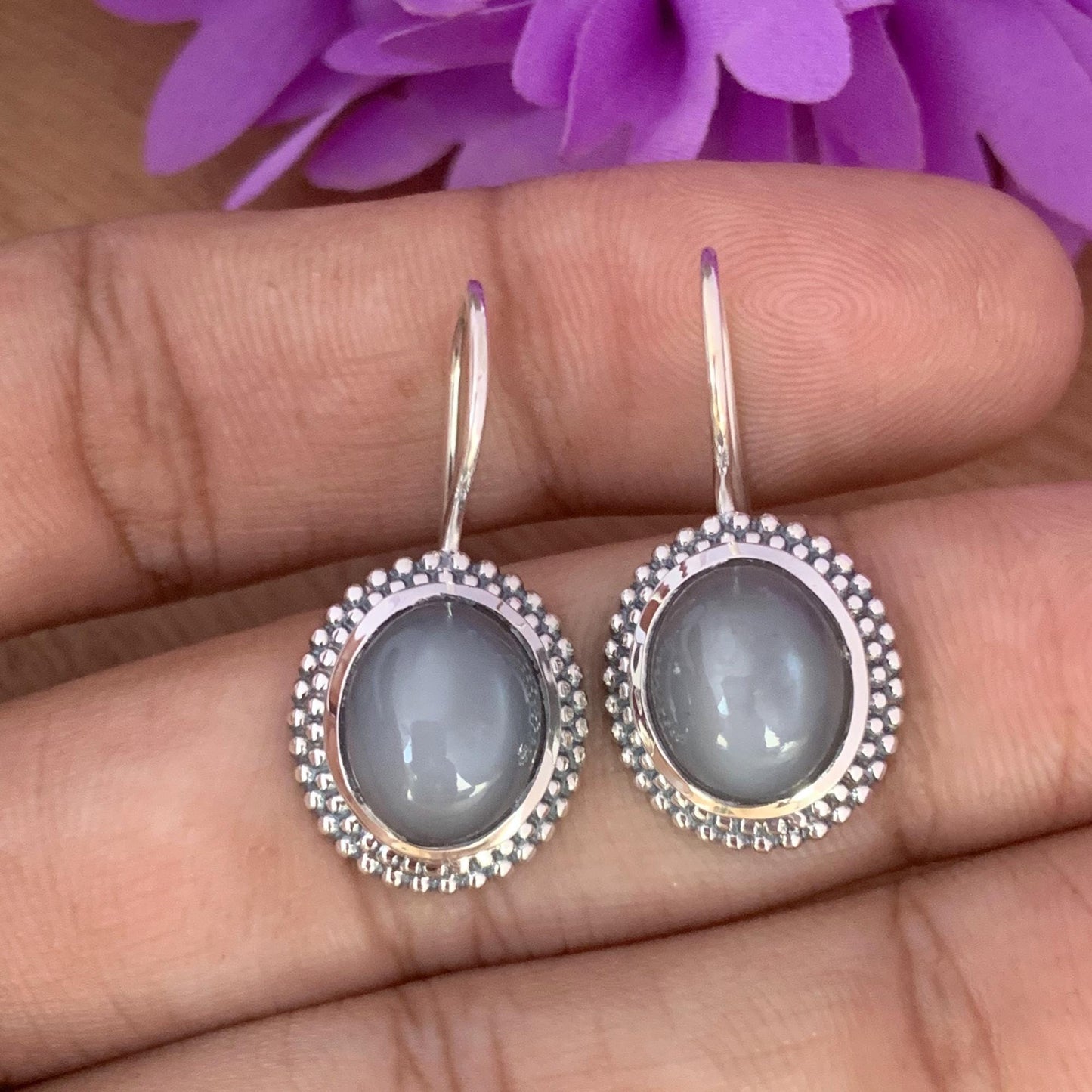 Silk Moonstone Earrings ~ Gray Color Oval Shape ~ Sterling Silver Earrings ~ Birthday Gift For Her ~ Statement Earrings ~ E-0020