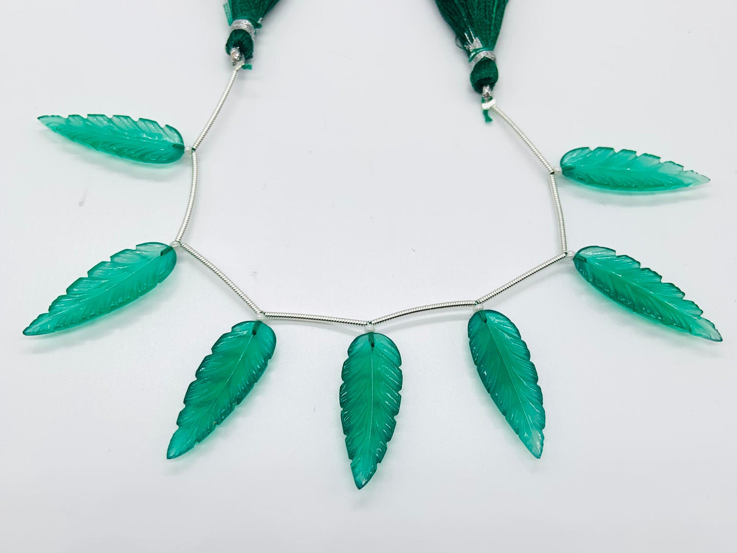 Green Onyx 7 Pieces Leaf Shape Carved Gemstone Beads 30x10x4mm