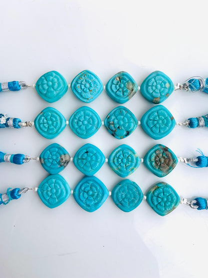 4 Pcs Arizona Turquoise Carved Flower Briolette Beads 15x15mm