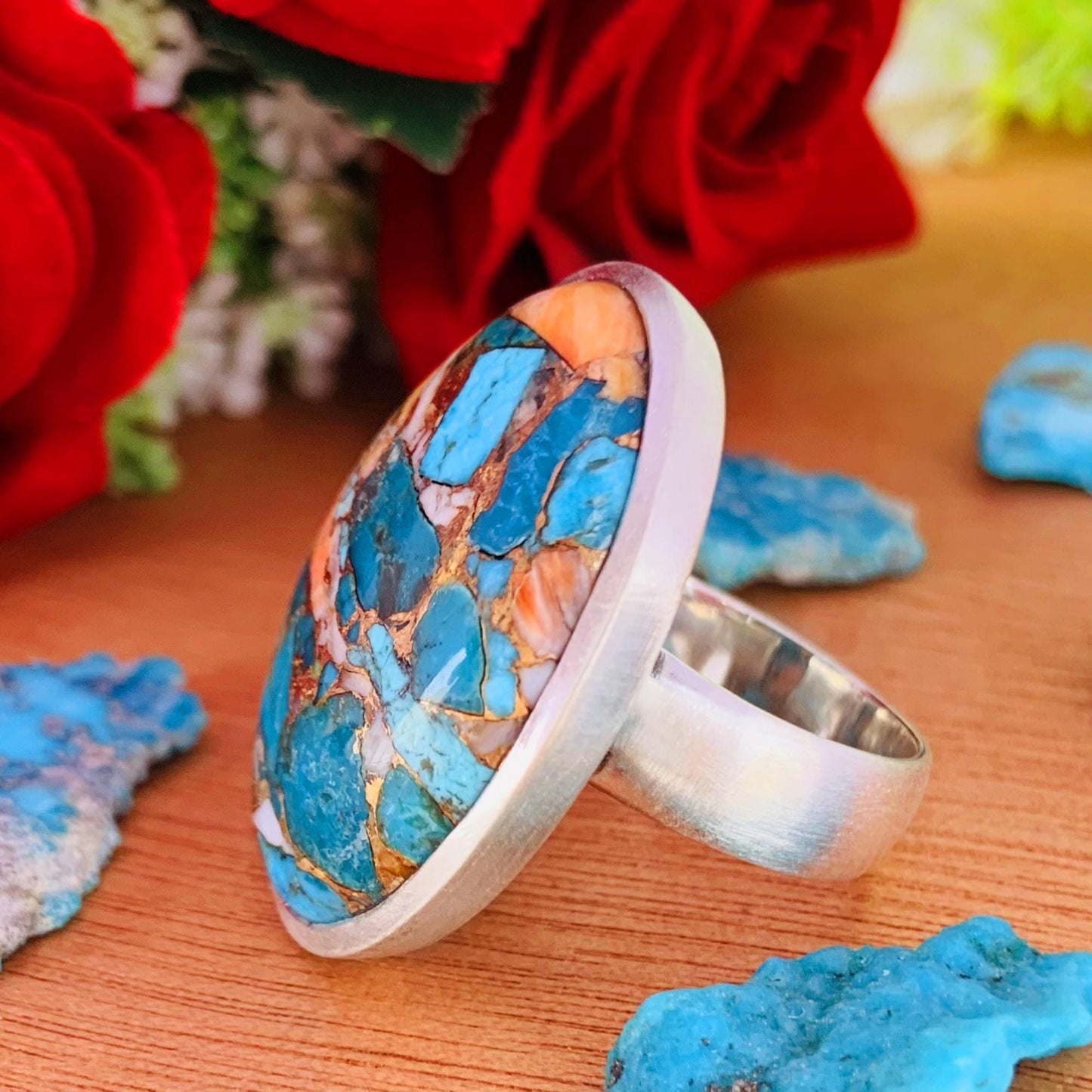 Big Oyster Copper Turquoise Statement Ring - 925 Silver Matte Finish