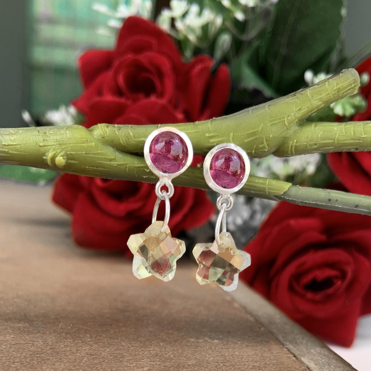 Pink Tourmaline and Lemon Quartz Star Earrings ~ Sterling Silver Dainty Gemstone Dangle Studs ~ Silver and Vermeil Gold ~ Gift For Her