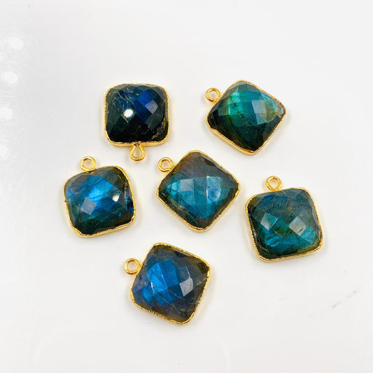 6 Pieces Natural Blue flashy Labradorite Faceted Square Shape Gemstone Gold Bezel Connector Jewelry Making Size 14mm Connectors for pendent