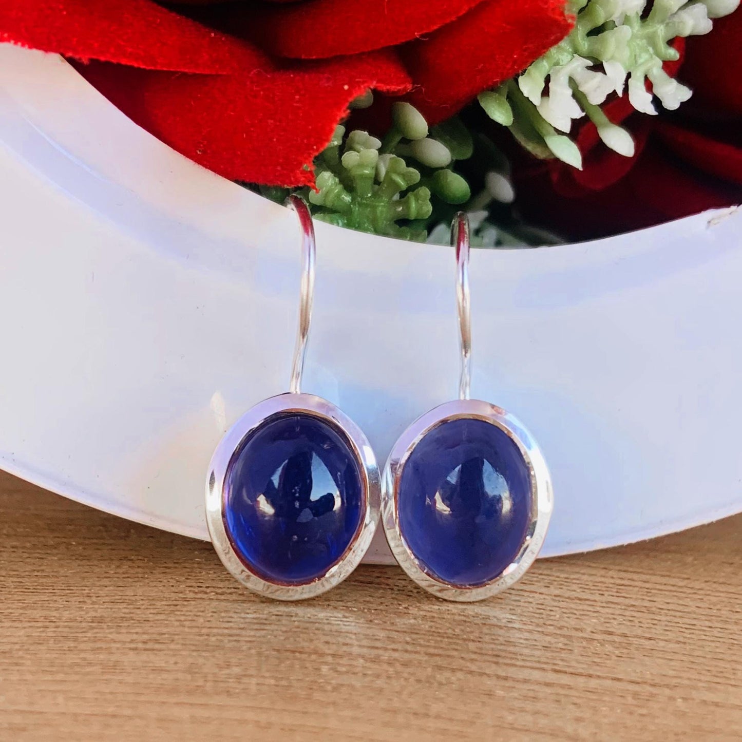 Natural Iolite Earrings ~ Dangling Silver Earrings ~ Oval Shape Blue Stone ~ Cold Tone Earrings ~ Available in 18kGold Finish ~ E-0022