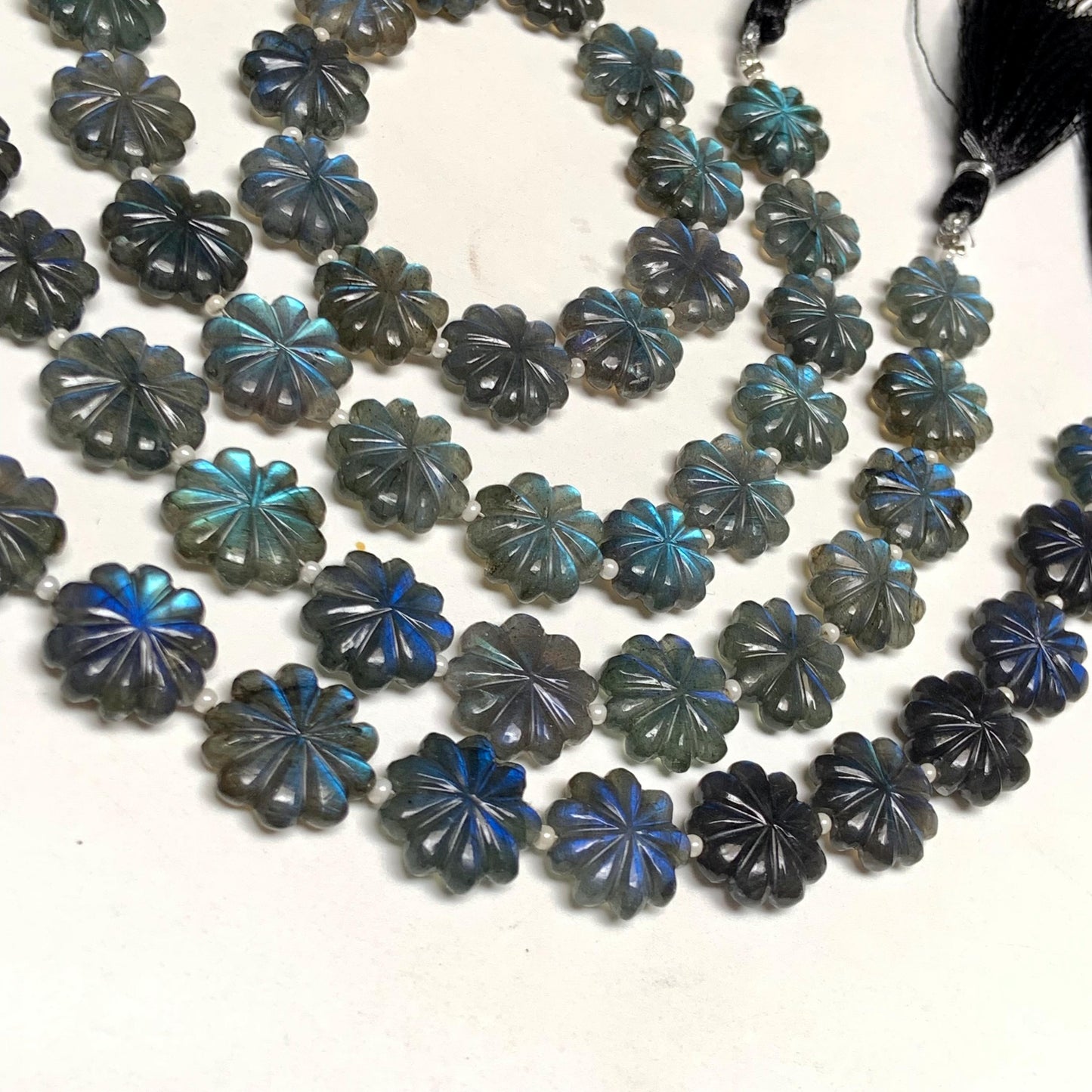 Natural Labradorite Flower Beads 10 Pcs - Blue Flash Carved Gemstone Briolette