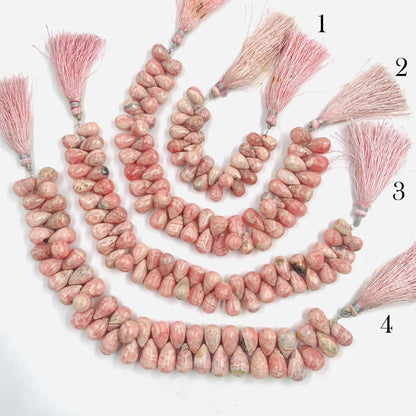 Natural rhodochrosite Smooth briolette drop shape gemstone beads Side drilled beads Matching pair, Smooth teardrops for earring making