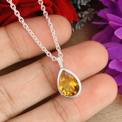 Natural Citrine 925 Silver Dainty Necklace - Pear Shape Minimalist Pendant