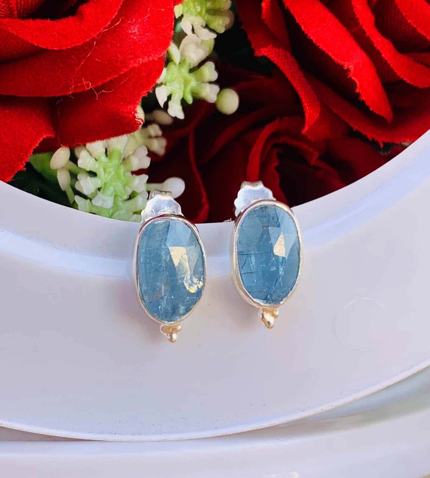 Kyanite Studs Earrings ~ Dainty Silver and Vermeil Gold Studs ~ Rosecut Birthstone Jewelry ~ Gift For Her ~ E-Anniversary Gift ~ E-0046