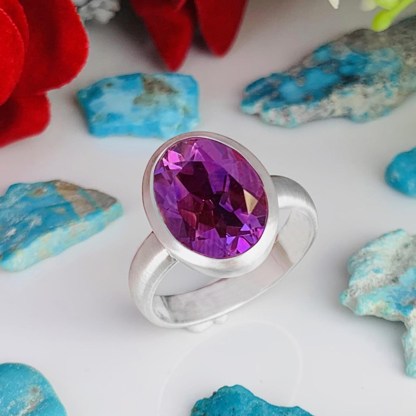 Faceted Oval Purple Amethyst Statement Ring in 925 Silver