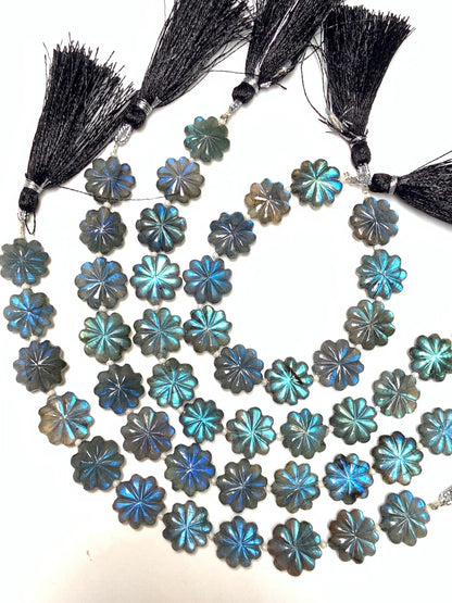 Natural Labradorite Flower Beads 10 Pcs - Blue Flash Carved Gemstone Briolette