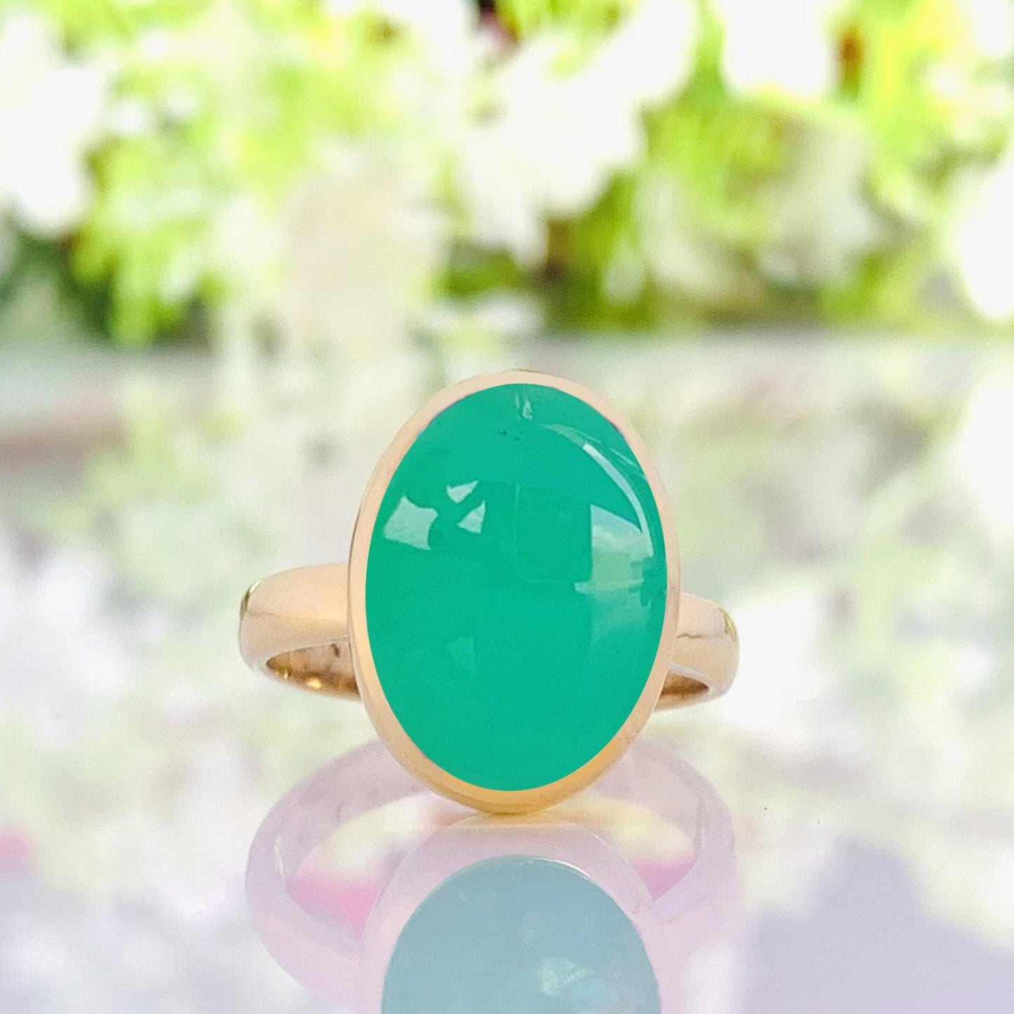 Green Oval Chrysoprase Ring - 925 Silver Gold Plated
