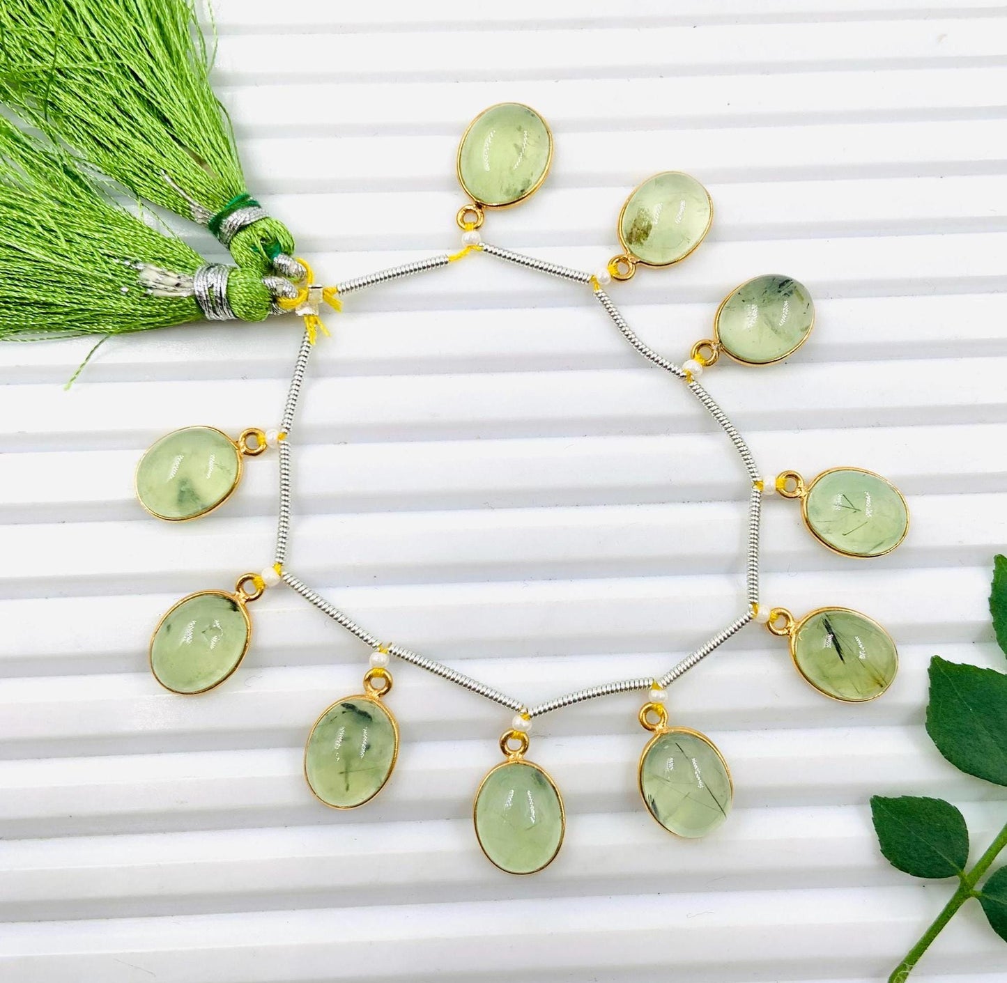 Natural Prehnite Smooth Oval Gemstone Gold Bezel Connector 8x10mm