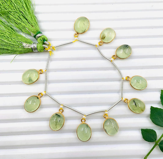 Natural Prehnite Smooth Oval Gemstone Gold Bezel Connector 8x10mm