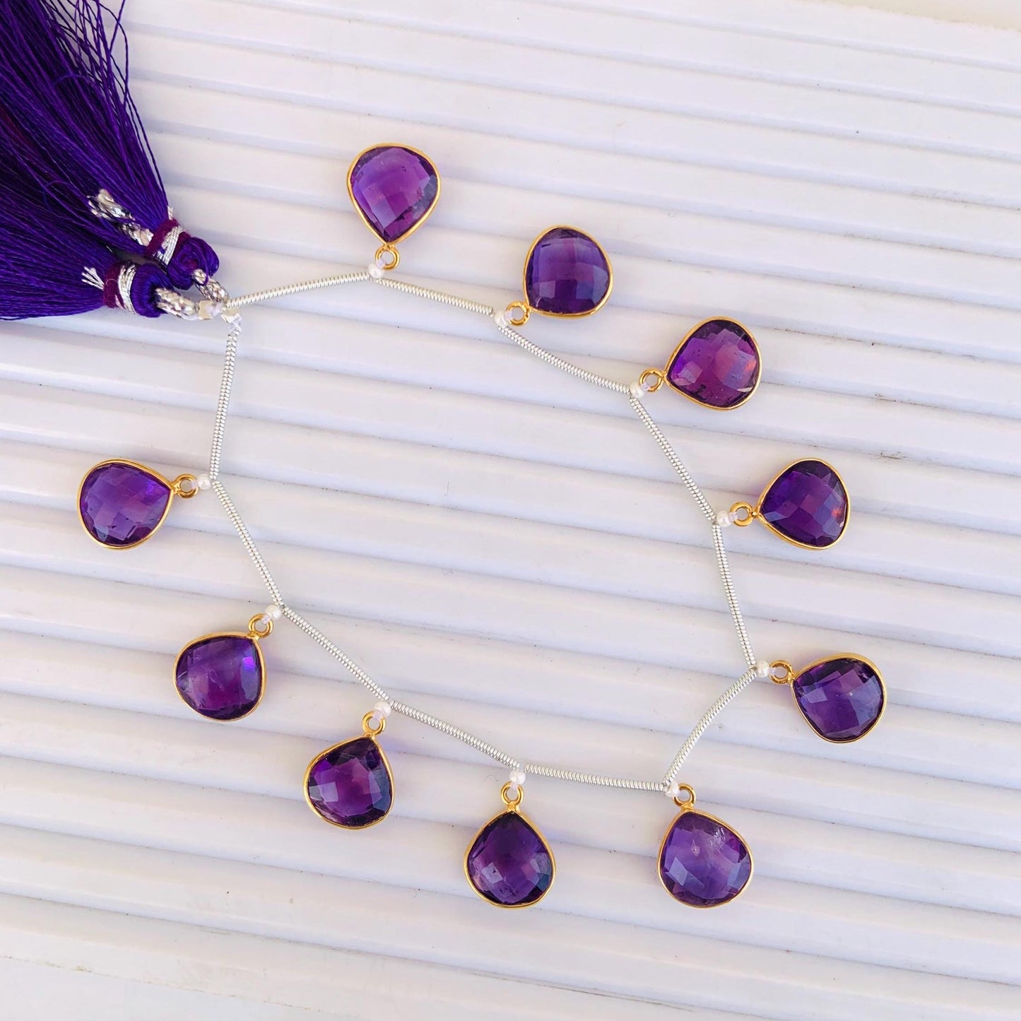 Natural Amethyst Heart Shape Bezel Connector 925 Silver Gold Plated 10 Pcs