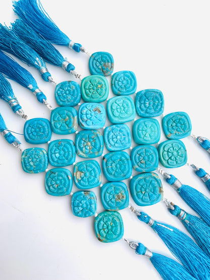 4 Pcs Natural Arizona Turquoise Carved Cushion Flower Briolette Beads 17x17mm