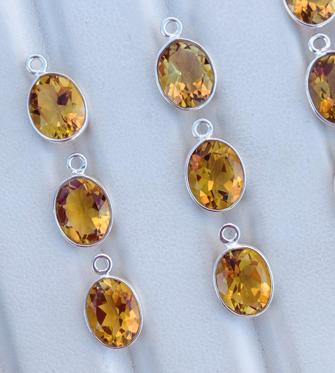 9x7mm Citrine Bezel Connectors ~ Sterling Silver & Gold Oval Gemstone Charms ~ Jewelry Making Components for Earrings, Bracelets, Necklaces - BeadsBoatInc