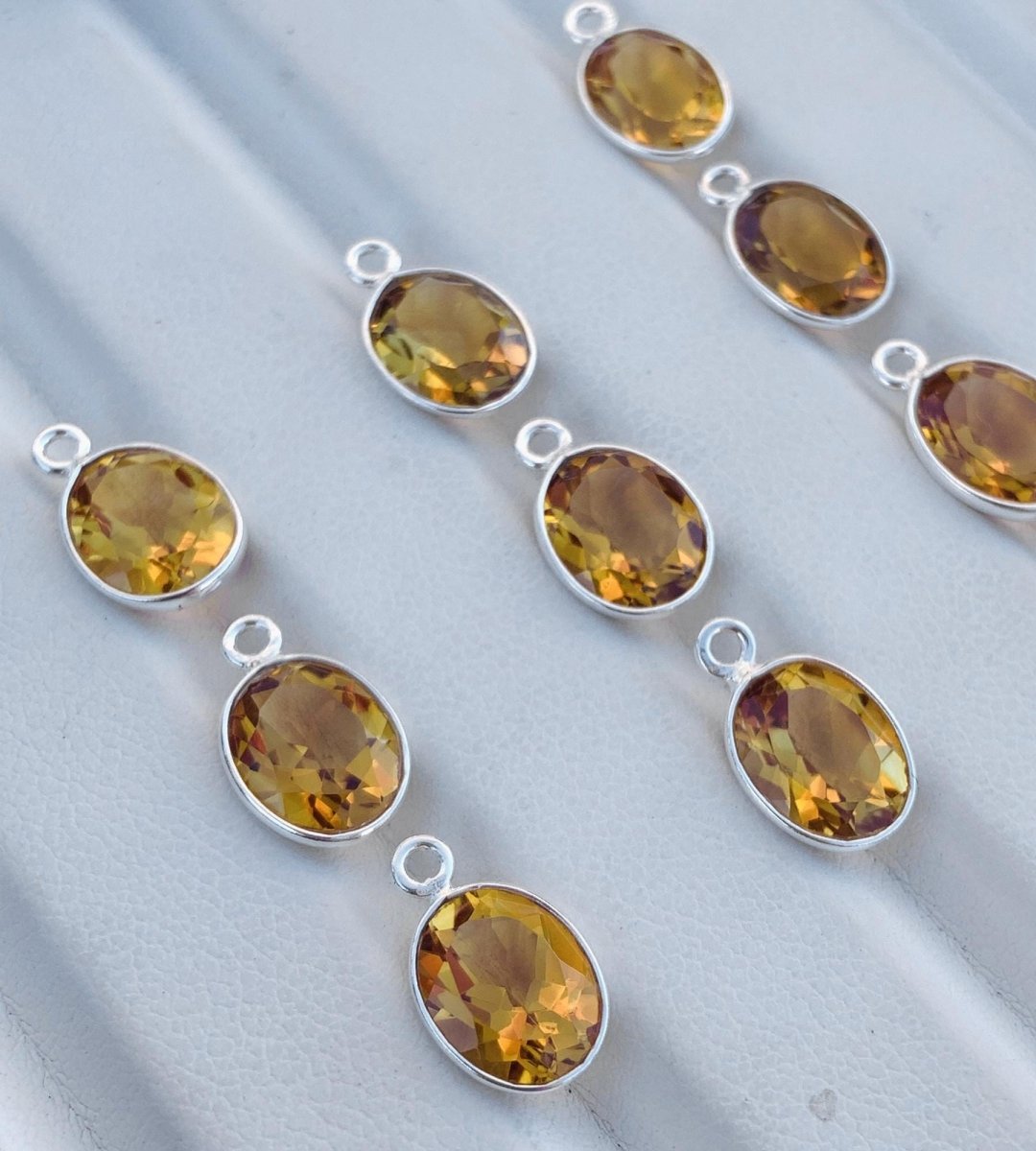 9x7mm Citrine Bezel Connectors ~ Sterling Silver & Gold Oval Gemstone Charms ~ Jewelry Making Components for Earrings, Bracelets, Necklaces - BeadsBoatInc