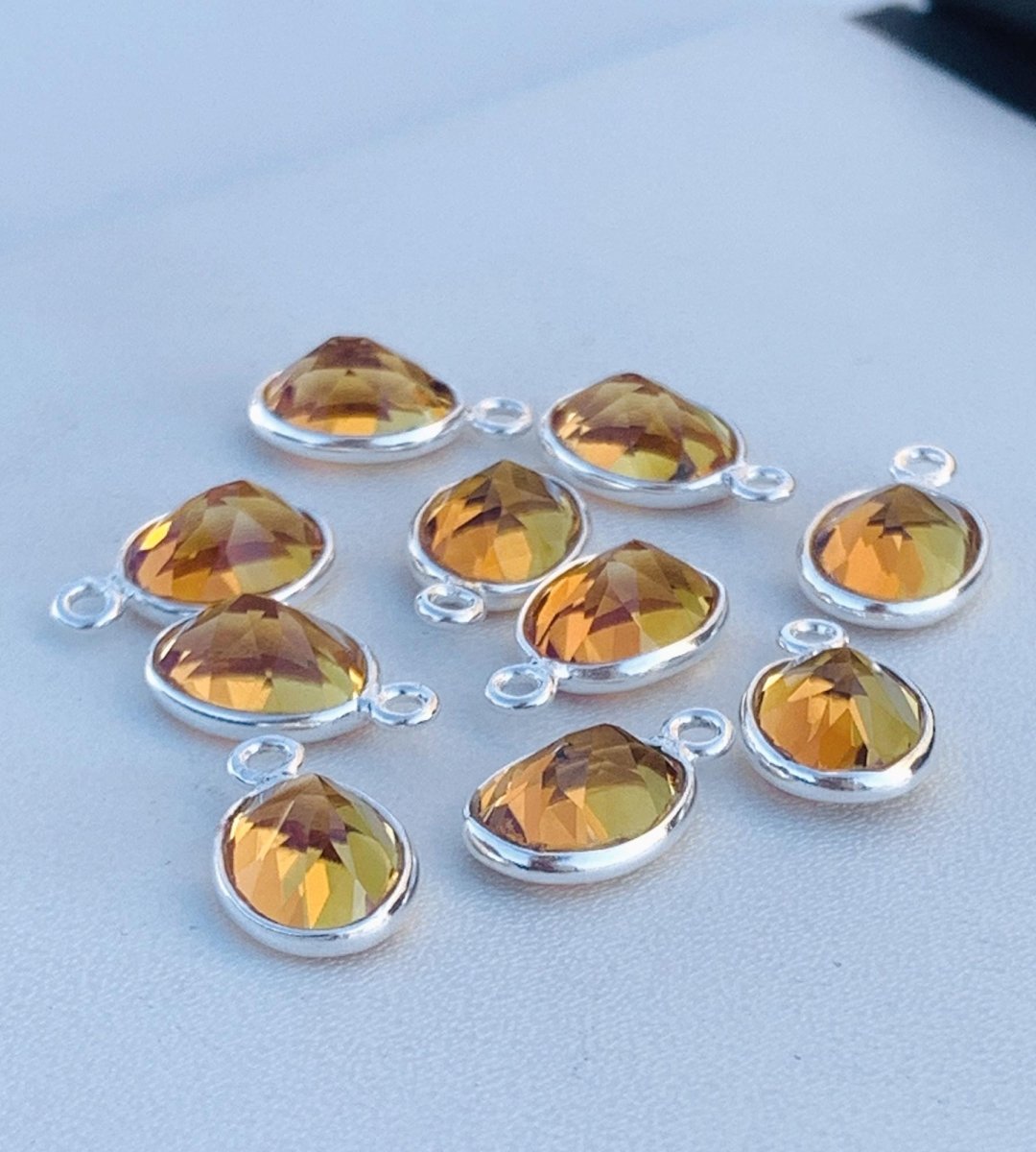 9x7mm Citrine Bezel Connectors ~ Sterling Silver & Gold Oval Gemstone Charms ~ Jewelry Making Components for Earrings, Bracelets, Necklaces - BeadsBoatInc