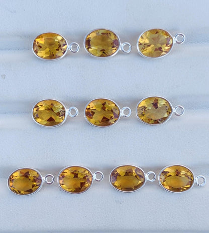9x7mm Citrine Bezel Connectors ~ Sterling Silver & Gold Oval Gemstone Charms ~ Jewelry Making Components for Earrings, Bracelets, Necklaces - BeadsBoatInc