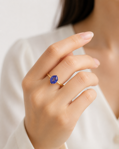 Lab Grown Tanzanite Engagement Ring in 14K Gold, Elongated Hexagon Solitaire