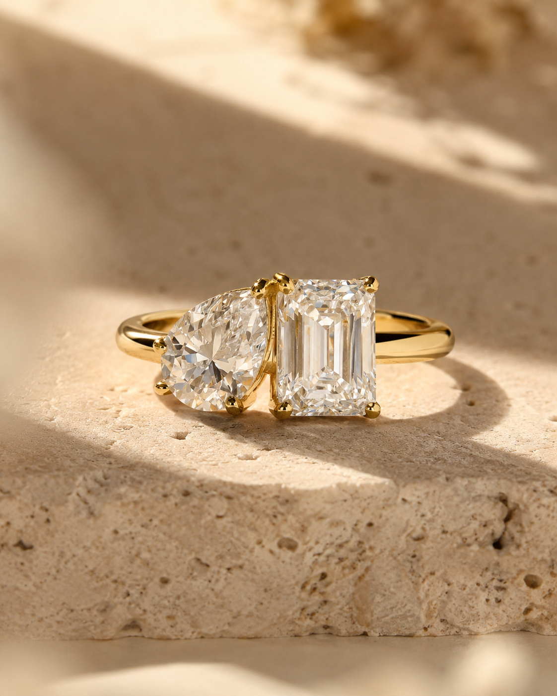Toi Et Moi Engagement Ring - Pear & Emerald Cut Moissanite - Two Stone Solid Gold Wedding Ring
