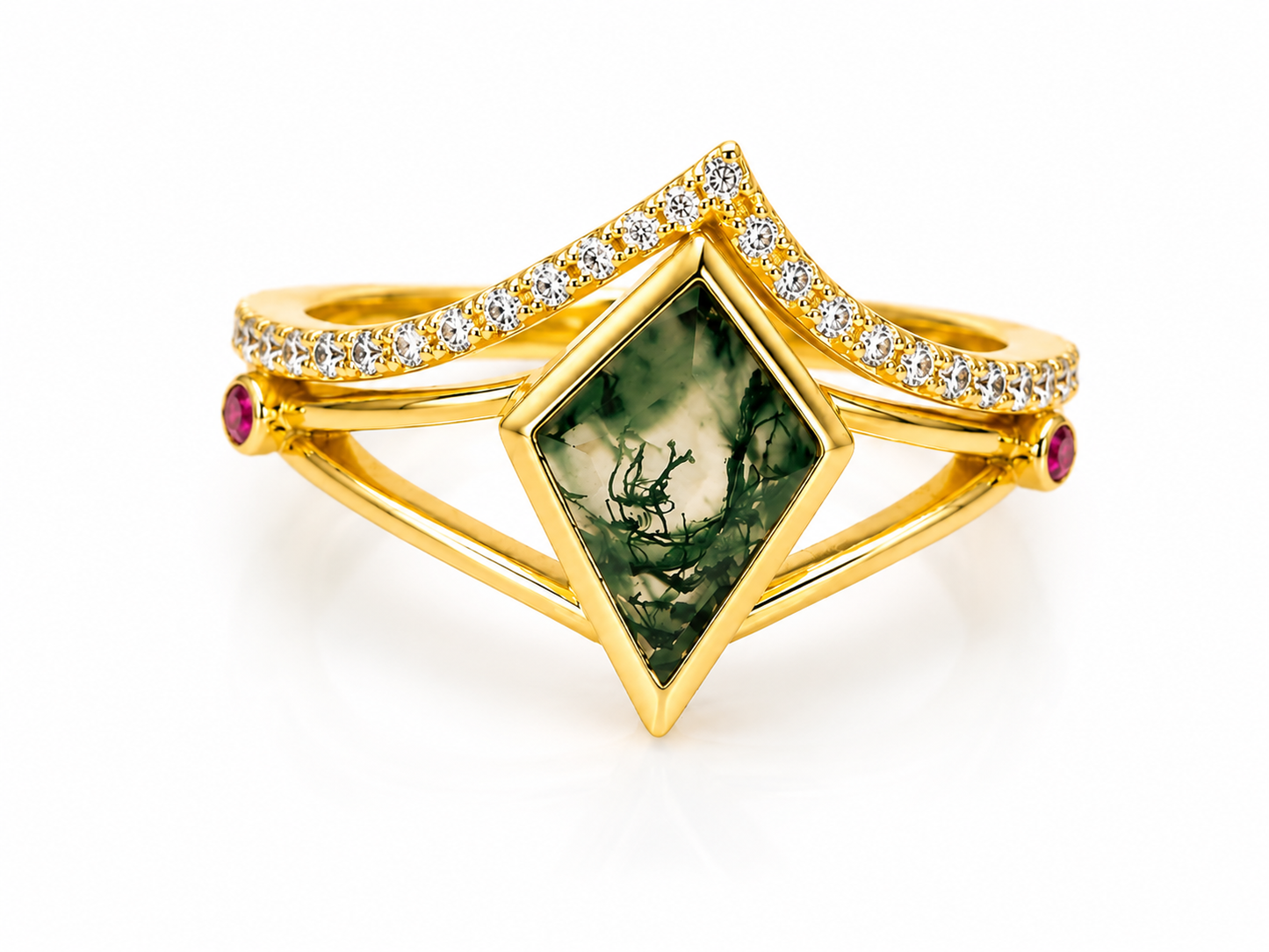 Lab Grown Moss Agate Ring with CZ Accents, Kite Shape Engagement Ring Set in 14K Gold