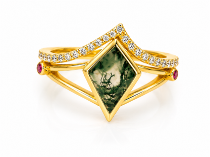 Lab Grown Moss Agate Ring with CZ Accents, Kite Shape Engagement Ring Set in 14K Gold