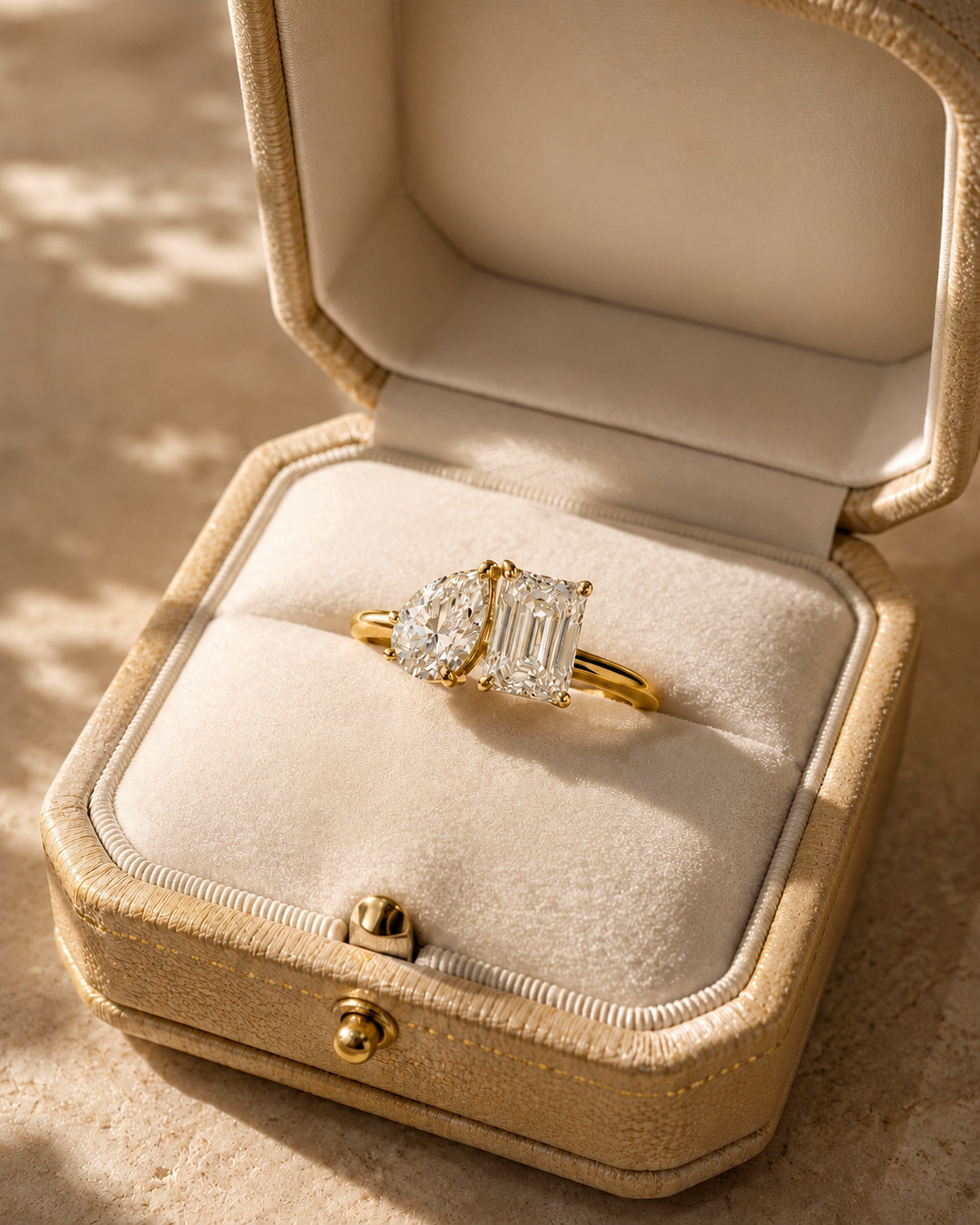 Toi Et Moi Engagement Ring - Pear & Emerald Cut Moissanite - Two Stone Solid Gold Wedding Ring