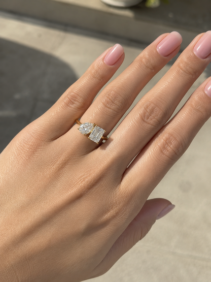 Toi Et Moi Engagement Ring - Pear & Emerald Cut Moissanite - Two Stone Solid Gold Wedding Ring