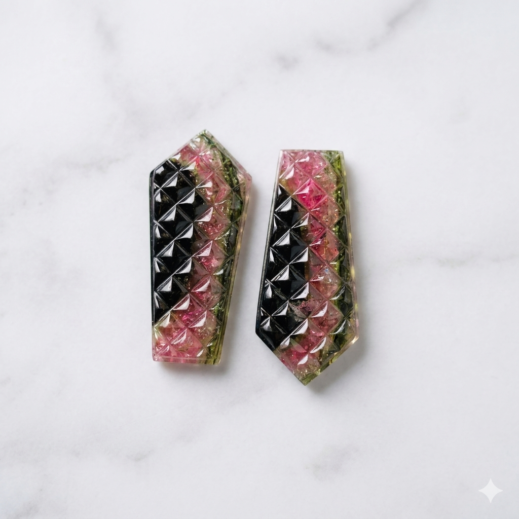 Natural Watermelon Tourmaline Carved Pair – Geometric Faceted Gemstone Cabochons