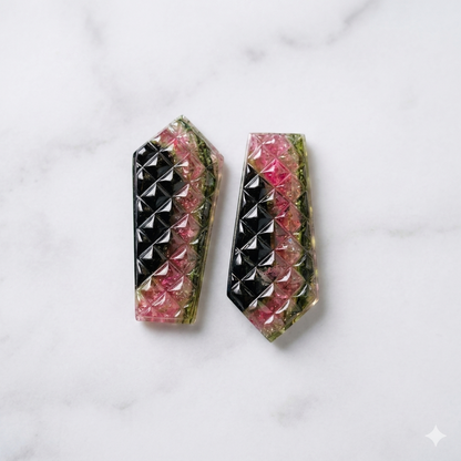 Natural Watermelon Tourmaline Carved Pair – Geometric Faceted Gemstone Cabochons