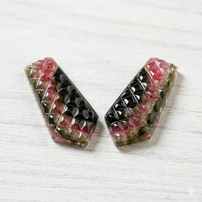 Natural Watermelon Tourmaline Carved Pair – Geometric Faceted Gemstone Cabochons