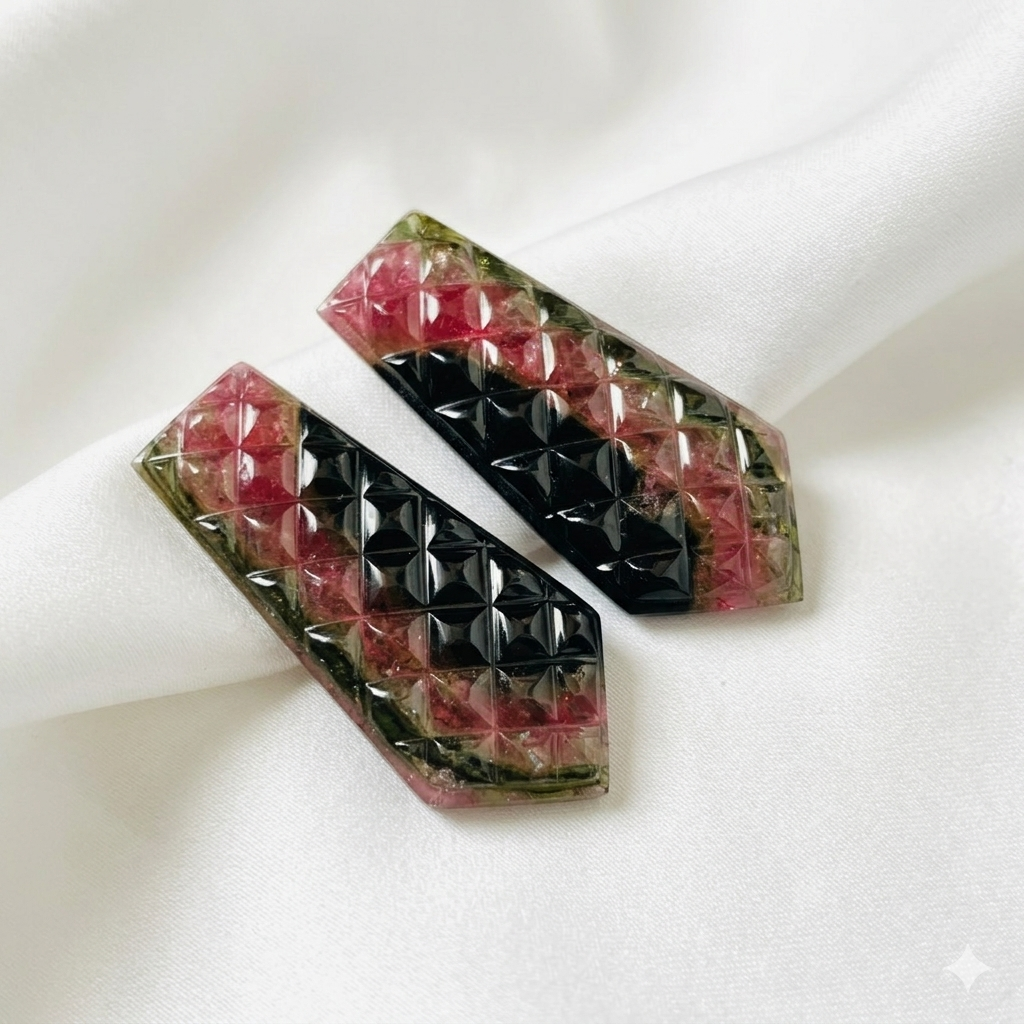 Natural Watermelon Tourmaline Carved Pair – Geometric Faceted Gemstone Cabochons