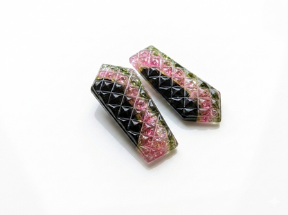 Natural Watermelon Tourmaline Carved Pair – Geometric Faceted Gemstone Cabochons