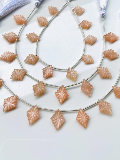 10 Pcs Natural Peach Moonstone Slot Carved Side drill gemstone Fancy shape Briolette lozenge beads for jewelry Size 11x15x4mm gift for her