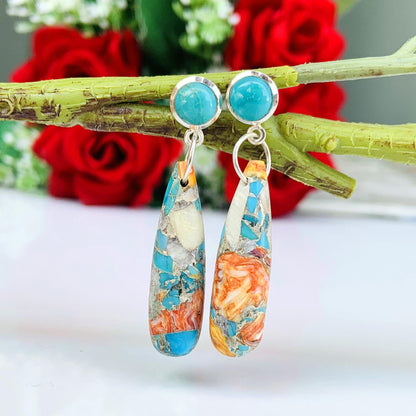 Turquoise & Spiny Oyster Shell Teardrop Dangle Earrings – Handmade Sterling Silver Jewelry