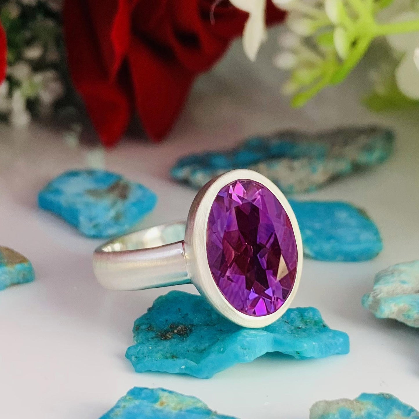 Faceted Oval Purple Amethyst Statement Ring in 925 Silver