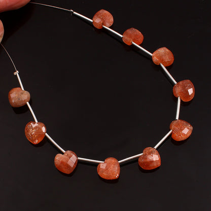 Handmade Orange Orange Sunstone 10mm Heart Beaded Healing Necklace For Mother, Natural Faceted Sunstone Gemstone Necklace BBI303