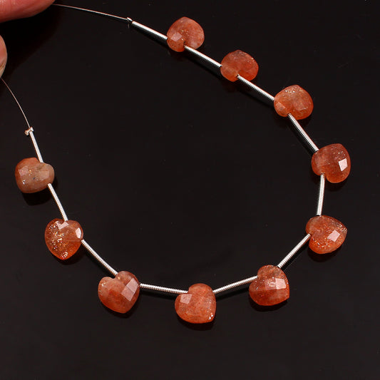 Handmade Orange Orange Sunstone 10mm Heart Beaded Healing Necklace For Mother, Natural Faceted Sunstone Gemstone Necklace BBI303